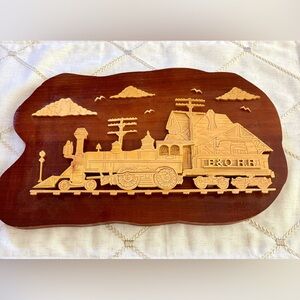 Wooden Train Plaque. Original handmade wood decor with intricate train detail
